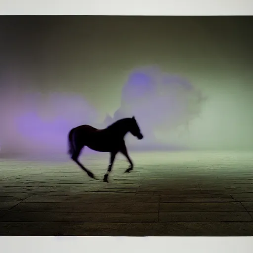 Image similar to wide angle shot from above, misty volumetric muted/dim neon color smoke wisps waft on convection current of air through a low energy cluttered parlor and coalesce on the floor into the vague translucent outline of a horse crossing the finish line.