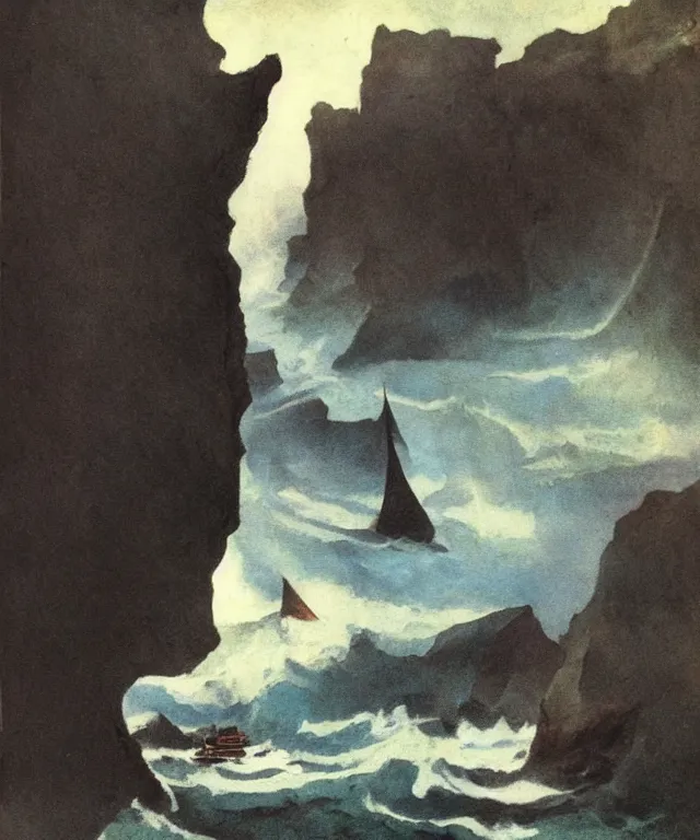 Prompt: photorealistic mixed - media painting of a 1 9 2 5 seiner sailing near a short tropical cliff with the mouth of a sea cave at the waterline, dark, brooding, atmospheric, lovecraft, horror, smooth, epic, highly detailed, cinematic, by frank frazetta