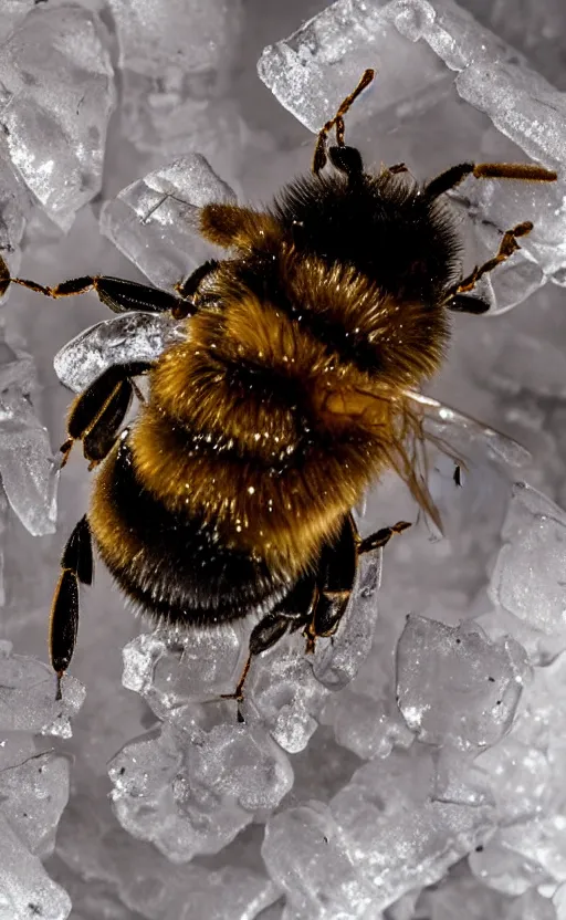 Image similar to the last bee entrapped under a sheet of ice, beautiful macro photography, cold ambient light