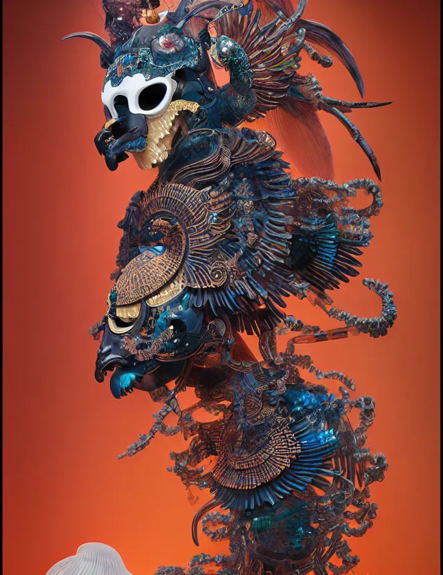 Image similar to 3 d goddess bottom - up with ram skull. beautiful intricately detailed japanese crow kitsune mask and clasical japanese kimono. betta fish, jellyfish phoenix, bio luminescent, plasma, ice, water, wind, creature, artwork by tooth wu and wlop and beeple and greg rutkowski