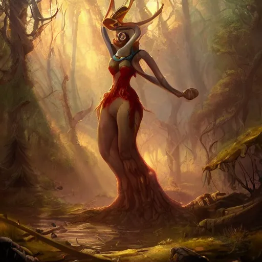 Prompt: the court jesters wife lost in the woods, pretty, beautiful, hyper realistic fantasy painting, deviantart artstation, by jason felix by steve argyle by tyler jacobson by peter mohrbacher, cinematic, magical
