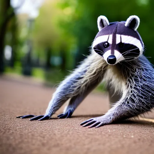 Image similar to racoon wearing tracksuit, plushie photography,