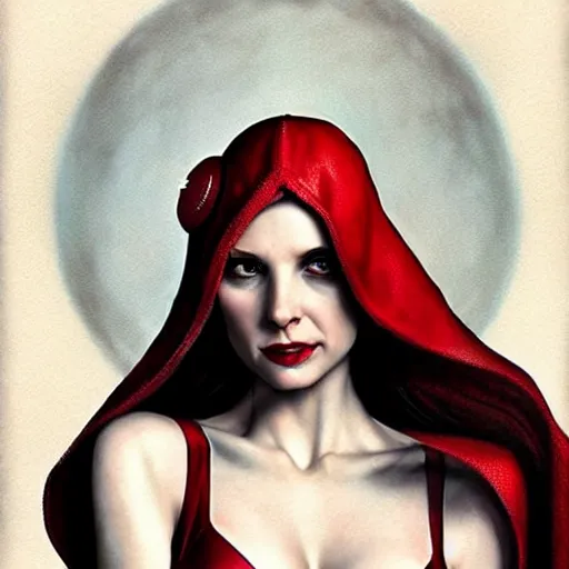 Image similar to Scarlet witch marvel, Sarah Michelle Gellar, evil smile, realistic character concept, medium shot, fun pose, comic book, illustration, slender symmetrical face and body, cinematic lighting, hyperdetailed, high resolution, Charlie Bowater, Tom Bagshaw, Norman Rockwell, symmetrical eyes, single face, insanely detailed and intricate, beautiful