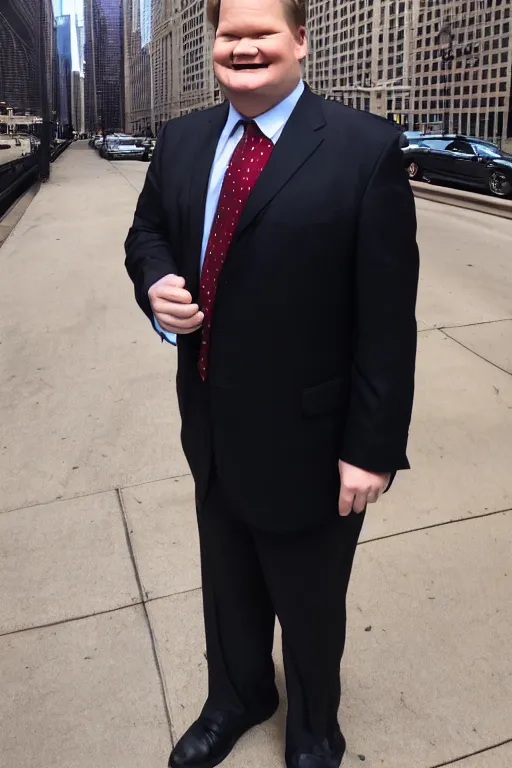 Prompt: andy richter wearing a brown suit and necktie, ultra hd photo, 3 5 mm close up, fish eye, realistic, smiling, standing in the streets of chicago, holding a postcard from chicago