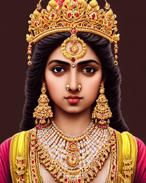 Image similar to photo of a gorgeous young Indian woman wearing elaborate heavy baroque jewelry and crown and rococo ornaments in the style of stefan kostic, realistic, sharp focus, symmetric, 8k high definition, insanely detailed, intricate, elegant, art by stanley lau and artgerm, William-Adolphe Bouguereau