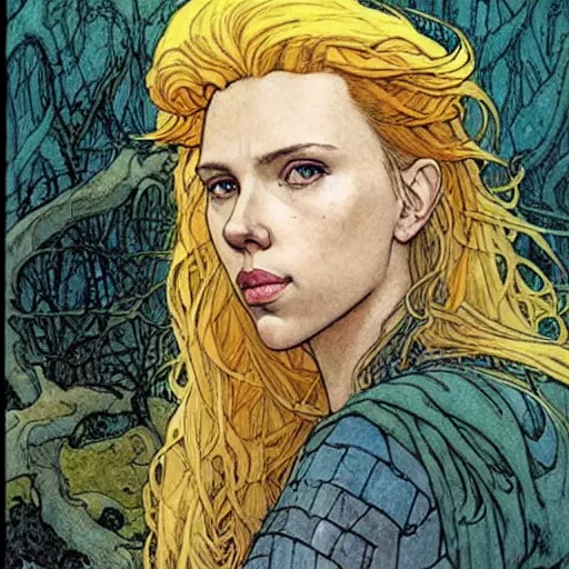 Image similar to a realistic, very beautiful and atmospheric portrait of scarlett johansson as a druidic warrior wizard looking at the camera with an intelligent gaze by rebecca guay, michael kaluta, charles vess and jean moebius giraud