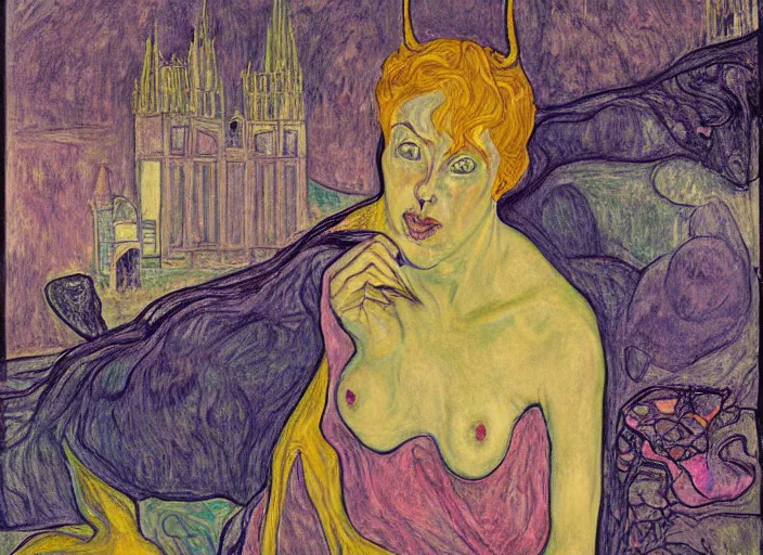 Image similar to woman in transparent vaporous night gown with demonic creature with horns and snout, with city with gothic cathedral seen from a window frame with curtains. vivid iridescent psychedelic colors. munch, egon schiele, bosch, henri de toulouse - lautrec, utamaro, monet, agnes pelton - h 7 0 4