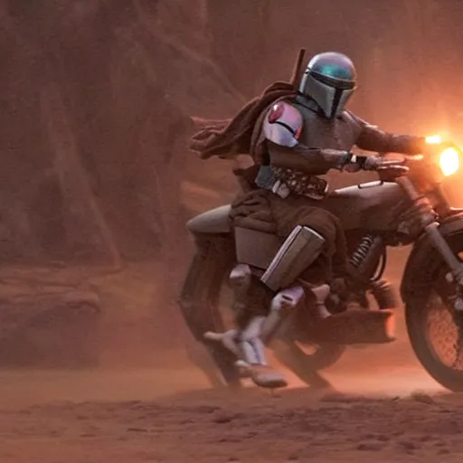 Image similar to mandalorian riding speeder bike through swamp, eerie, emotional, stunning cinematography, light diffusion