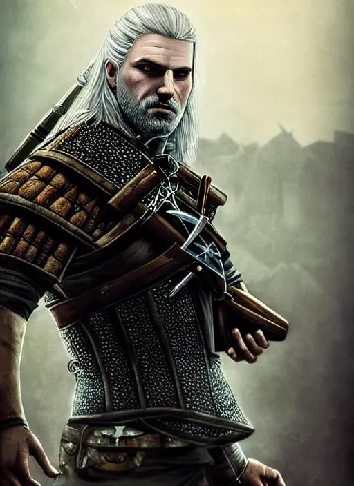 Image similar to portrait of a witcher holding a gun, the witcher has a half shaved head and tattoos, the witcher holding a pistol points downwards, the witcher holding a pistol is only one and stands in a ruined city. by Ciryl Rolando, hyperrealistic illustration, digital art, studio lightning, very detailed faces