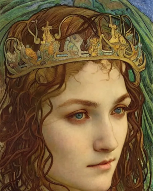 Image similar to detailed realistic beautiful young medieval queen face portrait by jean delville, alphonse mucha, vincent van gogh, and marco mazzoni, art nouveau, symbolist, visionary, gothic, pre - raphaelite