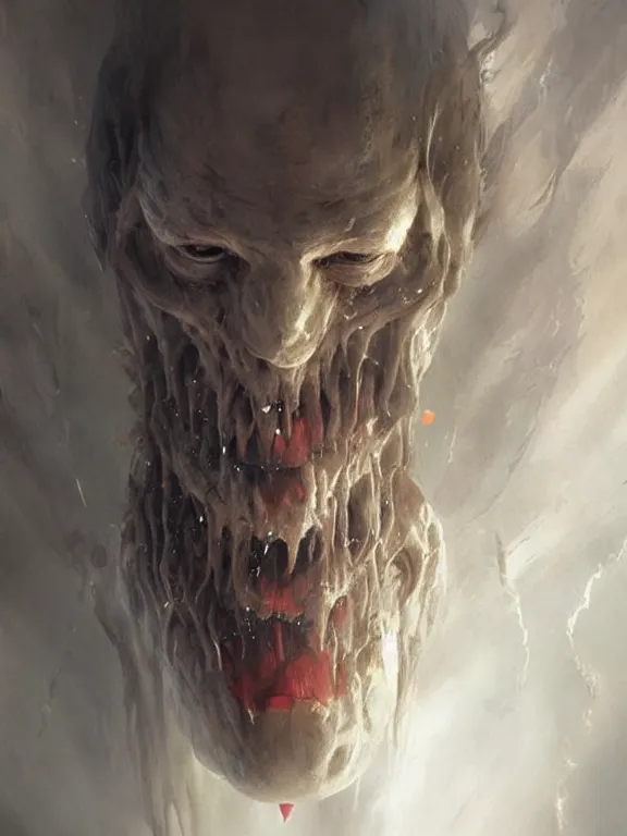 Image similar to painting by greg rutkowski a flying human head with tears running down it's face face that is chalk white in color, with long white!! tentacles!! coming out of the neck, fiery scorching red eyes, flying in a terrying hellish dark cavernous place