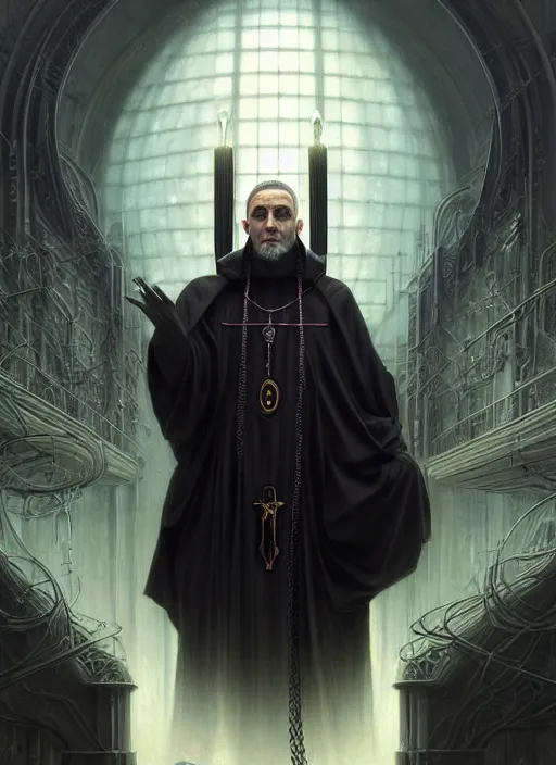 Image similar to portrait of a cyberpunk orthodox priest, grim - lighting, high - contrast, intricate, elegant, highly detailed, centered, digital painting, artstation, concept art, smooth, sharp focus, illustration, artgerm, tomasz alen kopera, peter mohrbacher, donato giancola, joseph christian leyendecker, wlop, boris vallejo