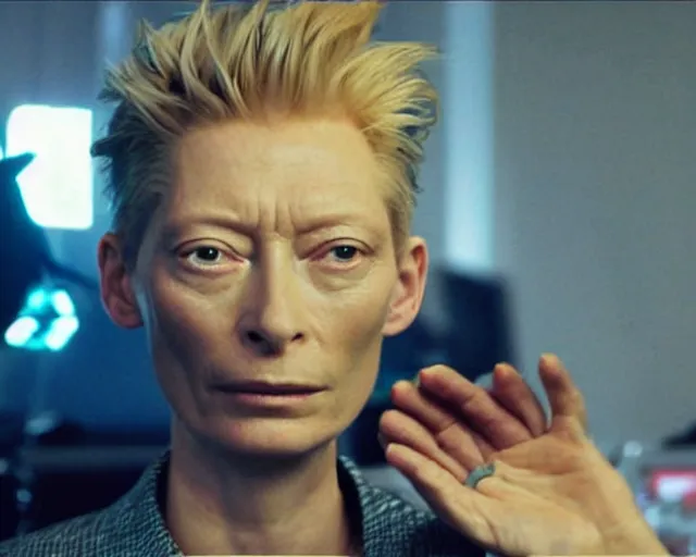 Image similar to Tilda Swinton as a techno DJ in Hideo Kojima's Snatcher