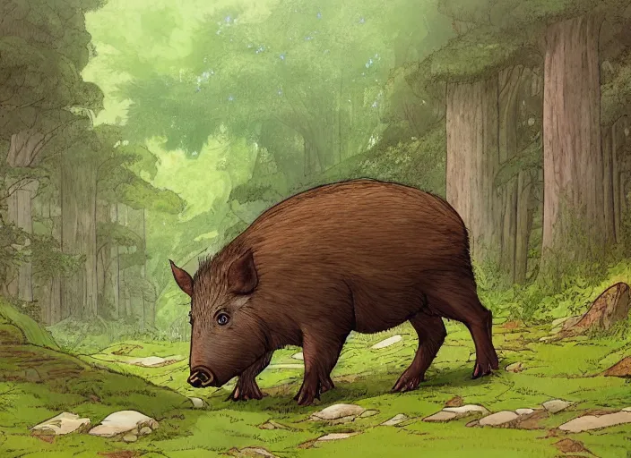 Prompt: a majestic brown boar in a mythical forest next to a pathway, by ghibli and miyasaki, flat, 2 d, illustration, great composition