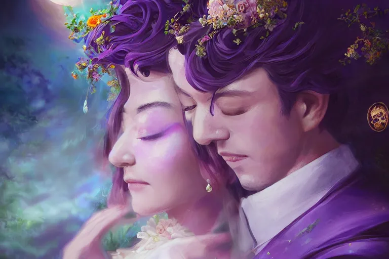 Image similar to a cinematic portrait of wedding photograph jpeg close up moment of a divine a japan sun god and moon goddess lovers magician at a wedding banquet. portraiture. digital painting. artstation. concept art. fantasy wedding photo. digital painting, 8 k realistic, hyper detailed, violet evergarden art masterpiece by art by krenz cushart