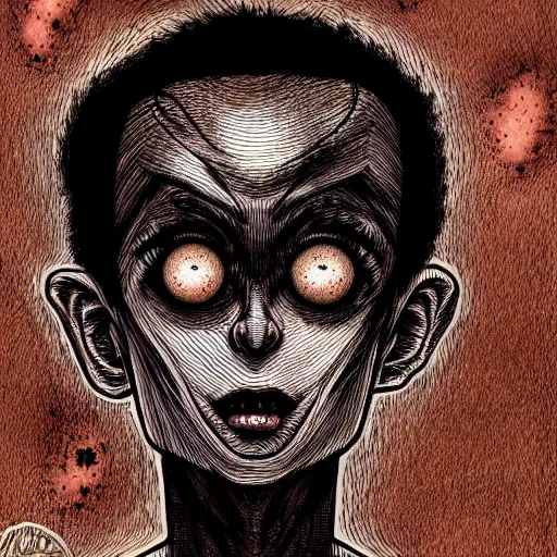 Image similar to a dark brown humanoid, hyper detailed, in the style of junji ito and and junji ito and junji ito, selfie