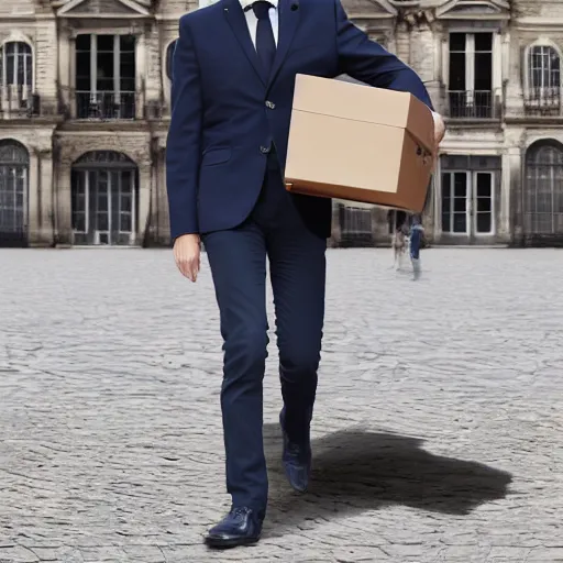Image similar to photography, emmanuel macron carries a box, relocation, photorealistic, detailed, studio lighting, 4 k