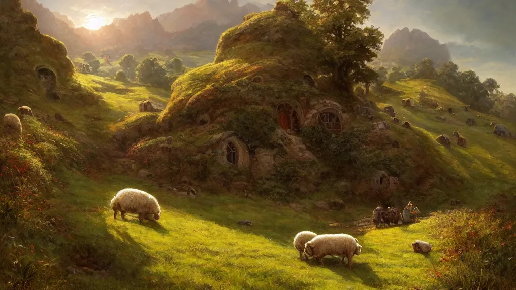 Image similar to a beautiful painting of hills in the shire with round hobbit doors and windows in them, with a young hobbit shepherd driving fat sheep, at sunrise, intricate, elegant, highly detailed, digital painting, artstation, concept art, by krenz cushart and artem demura and alphonse mucha