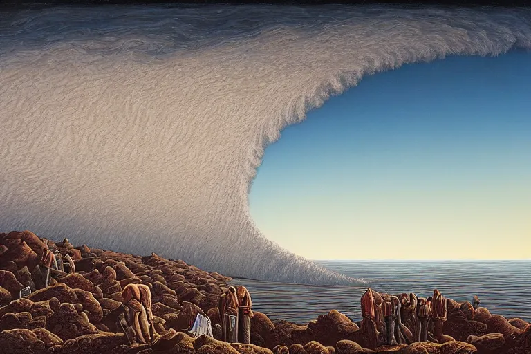Image similar to the rains stopped and the ark comes to rest on mount ararat. incoming gigantic wave, by jeffrey smith, oil on canvas