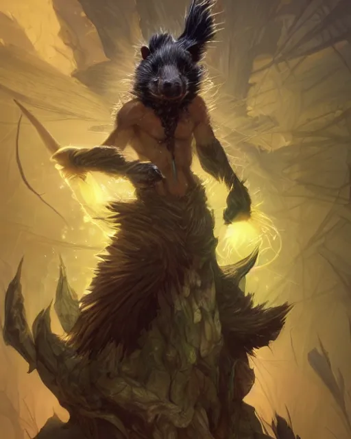 Image similar to Skunk Shapeshifter Druid Mage, D&D, artstation, fantasy, magic the gathering artwork, cinematic lighting, centered, symmetrical, highly detailed, digital painting, , concept art, smooth, sharp focus, illustration, volumetric lighting, epic Composition, 8k, art by Akihiko Yoshida and Greg Rutkowski and Craig Mullins, oil painting, cgsociety