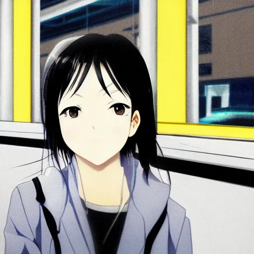 Image similar to anime headshot portrait of tomoko on bus station by makoto sinkai, fine details