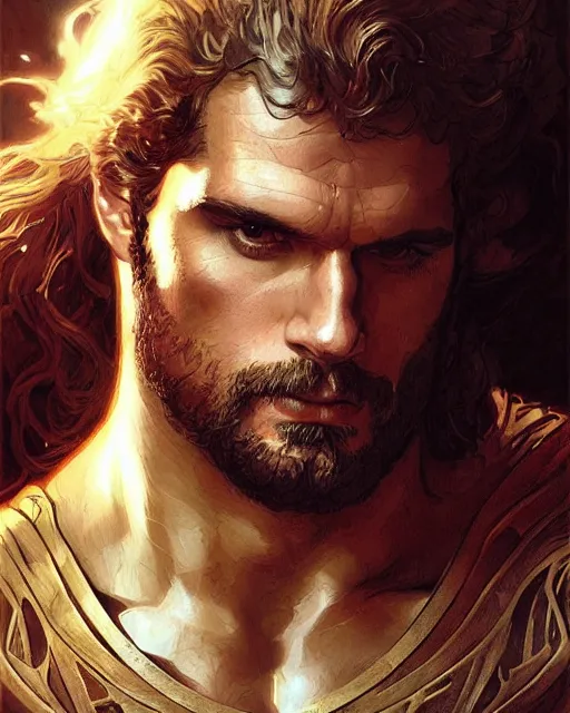 Prompt: henry cavill as a warrior, upper body, d & d, muscular, fantasy, intricate, elegant, highly detailed, digital painting, artstation, concept art, smooth, sharp focus, illustration, art by artgerm and greg rutkowski and alphonse mucha