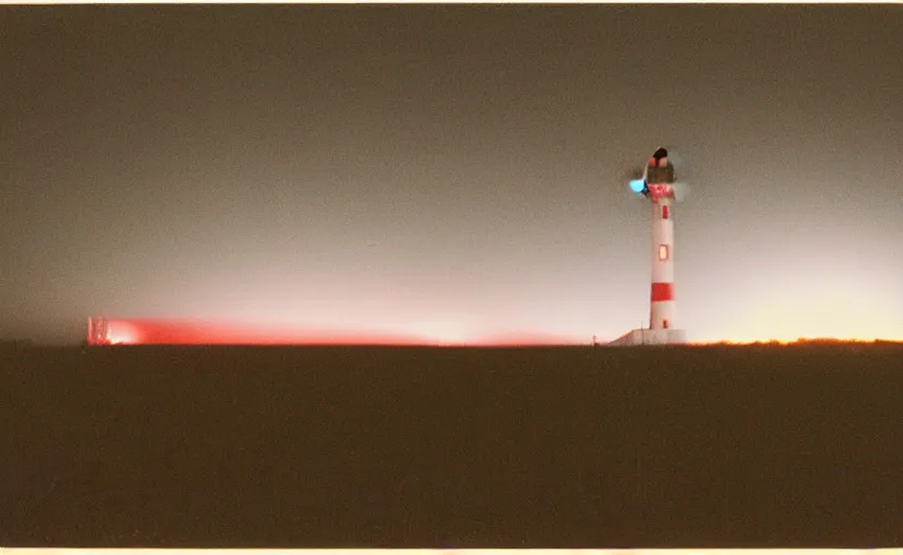 Image similar to red beam of light from lighthouse rotating over the field, night, unsettling, smoke and fire on the horizon, photo 1998