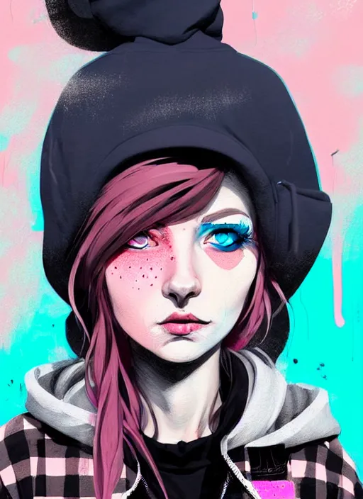 Prompt: highly detailed portrait of an american sewer punk lady student, blue eyes, tartan hoody, hat, white hair by atey ghailan, by greg tocchini, by kaethe butcher, by james gilleard, gradient pink, black, brown, cream and light blue color scheme, grunge aesthetic!!! ( ( graffiti tag wall ) )