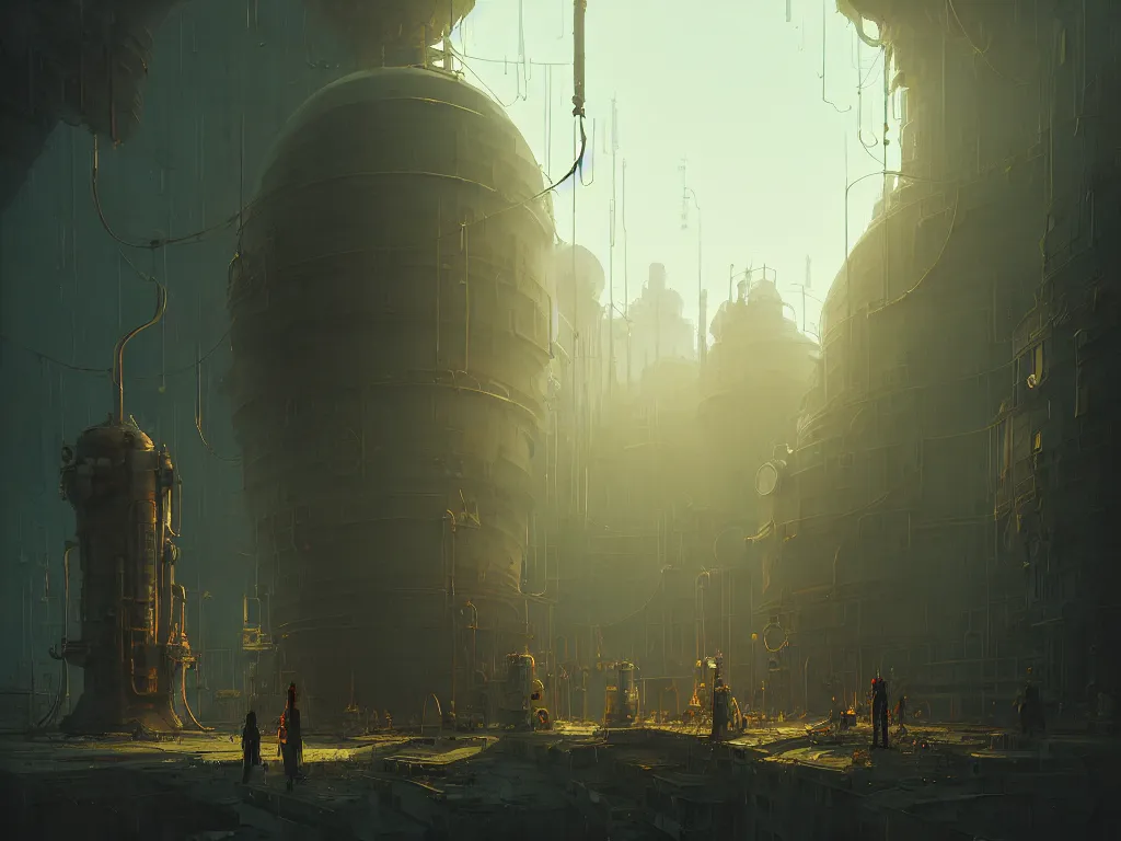 Image similar to creepy steampunk nuclear reactor, persons, by atey ghailan, ismail inceoglu, michal lisowski, artstation, volumetric light, high detail, reflection, ambient occlusion, perfect, dystopian, concept art, hdr, 4 k