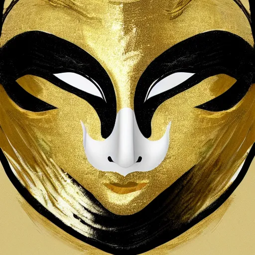 Prompt: a white - and - gold venetian mask emerging from thick black paint, digital art