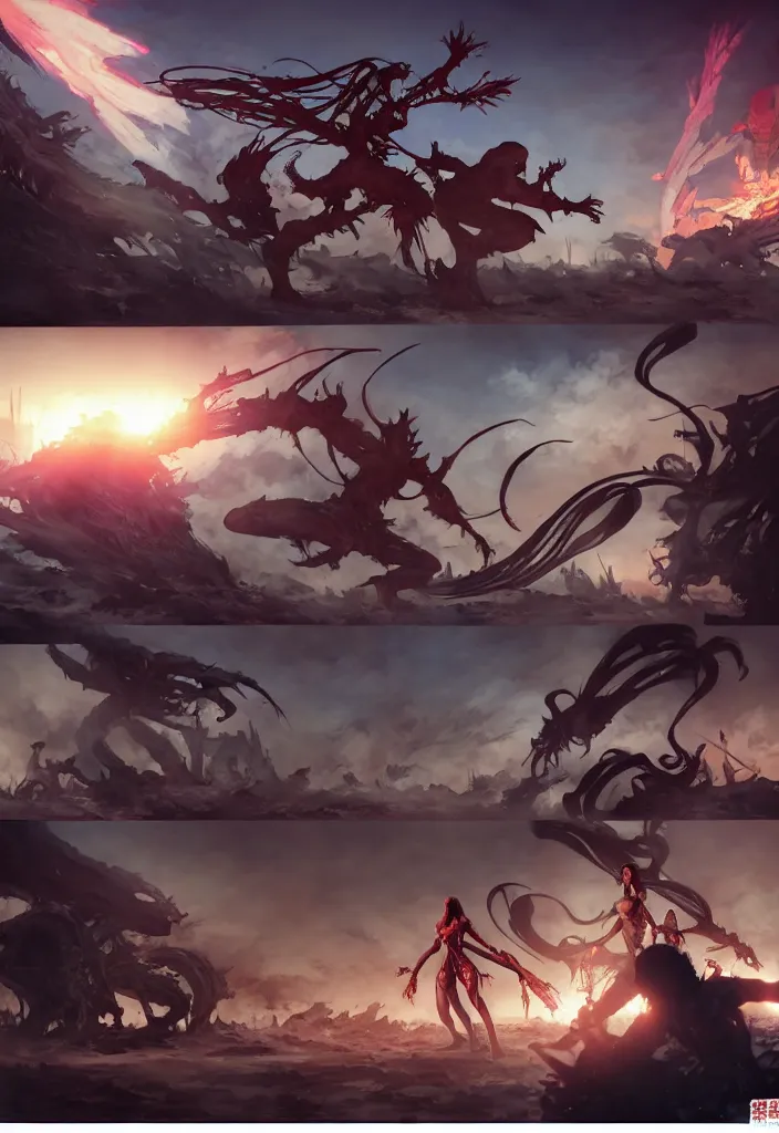 Image similar to Comic panel layout, battle between gigantic alien demon and a beautiful warrior woman, in post apocalyptic downtown Tokyo, by Krenz Cushart and Pan_Ren_Wei and Hongkun_st and Bo Chen and Steve Zheng and WLOP and Alex Chow and askziye, and Bukurote, and Ryota-H, Marvel comic style, amazing light and shadows, dapped light, dark fantasy, high detail, hyper realistic, trending on artstation