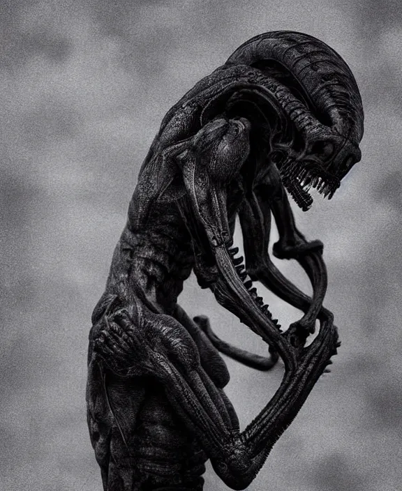 Image similar to xenomorph hugging pale sad beauty merging, dark mist colors, giger background liminal void, digital art, cinematic lighting, realistic, award winning photograph, various refining methods, micro macro autofocus