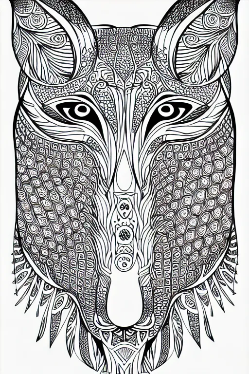 Image similar to fox ornaments fractal ink drawing line art colouring page, vector, margins, fine lines, centered