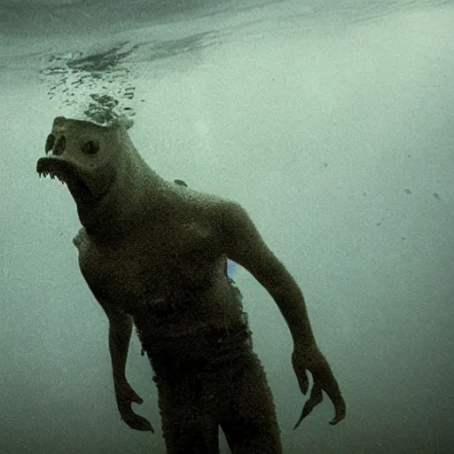 Image similar to sea monster about to eat pov underwater, foggy water, dark, dramatic,'silent hill ', big eyes, terrifying, cinematic