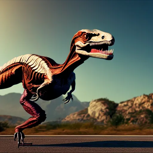 Image similar to a velociraptor riding a motorbike, photorealistic 3 d octane render, unreal engine, make it look like it was made by dall - e 2