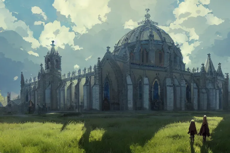 Prompt: concept art of a huge church with chain drive aka churchtank in an open field, key visual, ambient lighting, highly detailed, digital painting, artstation, concept art, sharp focus, by makoto shinkai and akihiko yoshida and hidari and greg manchess