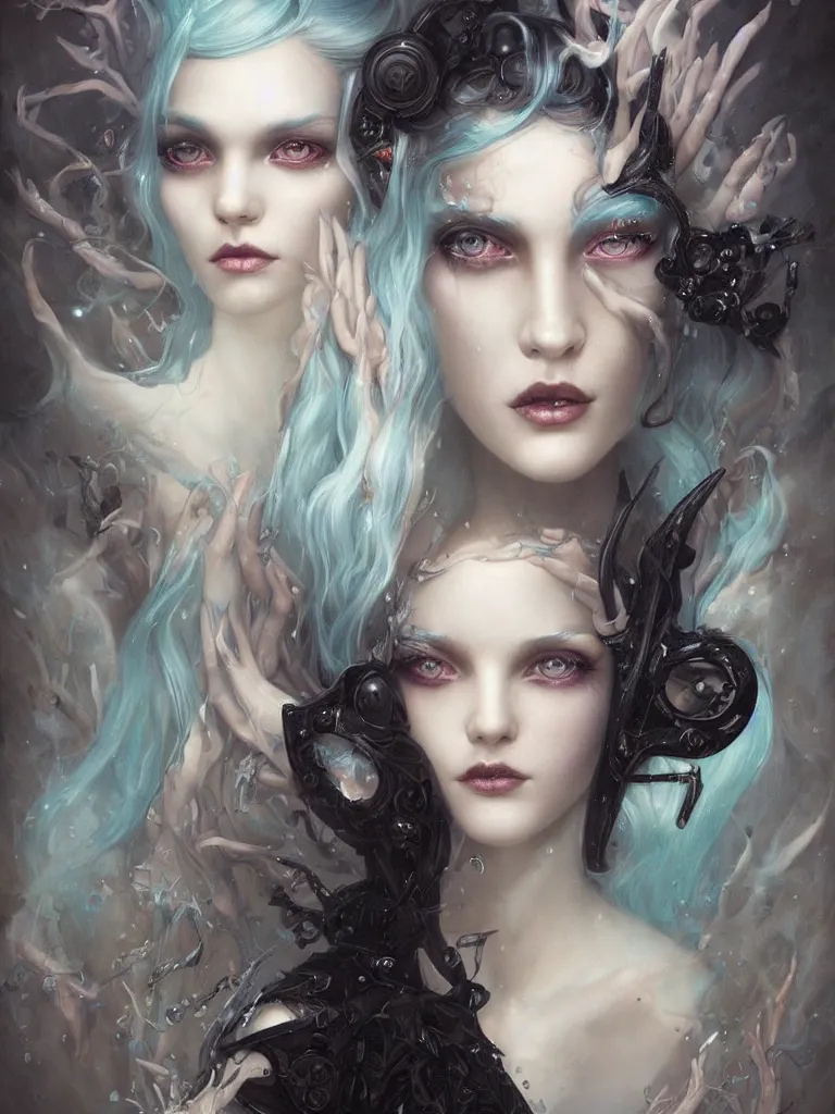 Prompt: a seapunk portrait of a nymph with shadowy eyes and bonewhite hair, with black glossy lips, hyperrealistic, award-winning, masterpiece, in the style of Tom Bagshaw, Cedric Peyravernay, Peter Mohrbacher