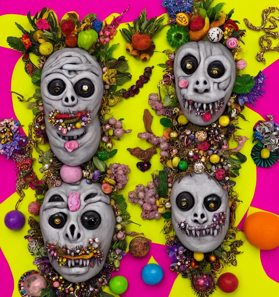 Image similar to portrait of a trickster nature spirit, undead, head made of fruits and jewels and flowers in the style of guiseppe arcimboldo, philip taaffe, chris ofili, pop art, action figure, clay sculpture, claymation, gray and yellow and pink, rainbow stripe background