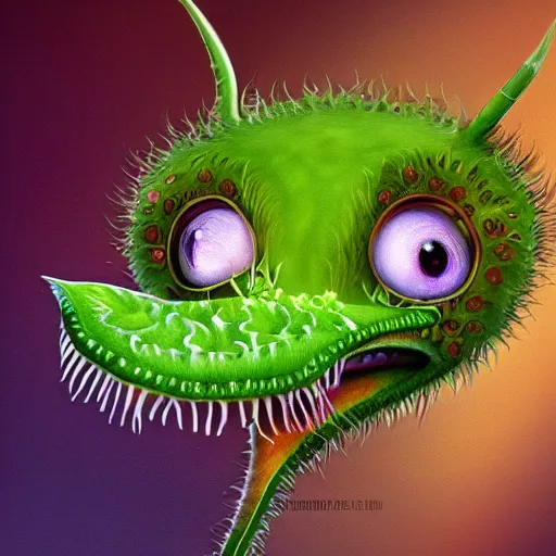 Image similar to cute anthropormorphic furry carniverous plants venus fly trap with large round eyes with long eyelashes and big teeth detailed painting 4 k