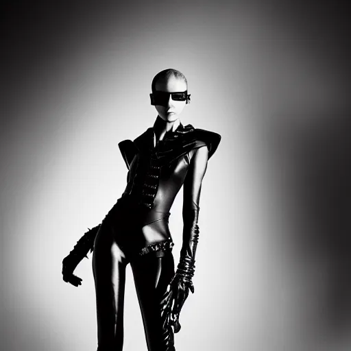 Image similar to fashion photography of an extraterrestrial model, holding a leather whip, wearing demobaza fashion, inside berghain, berlin fashion, harness, futuristic fashion, dark minimal outfit, photo 3 5 mm leica, hyperdetail, berghain, 8 k, very detailed, photo by nick knight