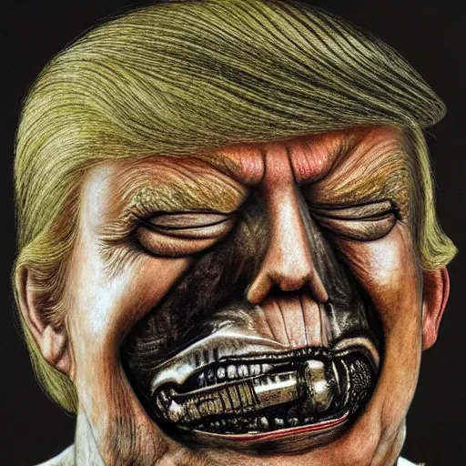 Prompt: Portrait by H.R.Giger of Donald Trump degenerated abomination, photo-realistic, 2K, highly detailed