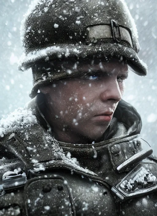 Image similar to the Cold War soldier, snow, ultra realist and ultra intricate detailed, sensual gloomy style, volumetric lighting, artstation, unreal render, depth of field