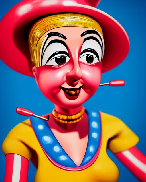 Image similar to closeup profile face profile portrait of a tin toy schlitzie as a waitress in a diner, bikini, hyper realistic, artstation, illustration, concept art by dan decarlo, digital paint, matte paint, vivid colors, bright, cheerful, detailed and intricate environment