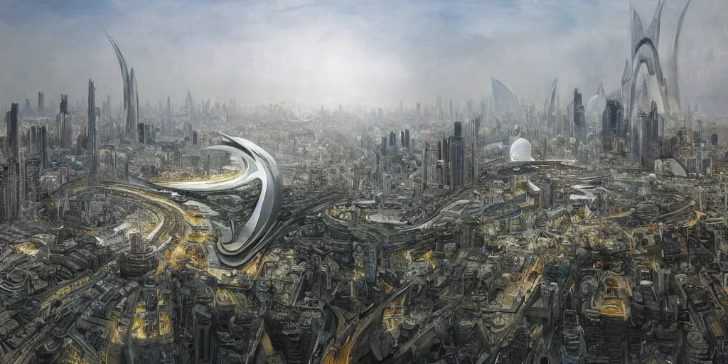 Prompt: a beautiful painting of epic fantasy islamic zaha hadid city by alan lee, trending on artstation detailed, digital painting, realistic