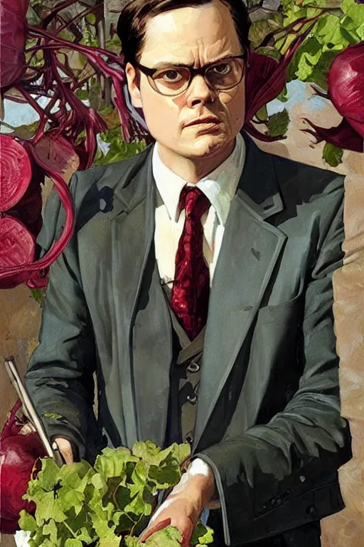 Image similar to dwight schrute gardening, beets!!!, painting by jc leyendecker!! phil hale!, angular, brush strokes, painterly, vintage, crisp