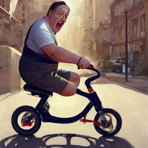 Prompt: hyper realistic absurd, silly, making faces, obese steve buscemi riding a tiny tricycle, painted by greg rutkowski, wlop, artgerm