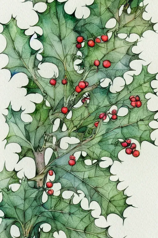 Prompt: realistic watercolor painting of a branch of holly on a white background, detailed art by kay nielsen and walter crane, illustration style, watercolor