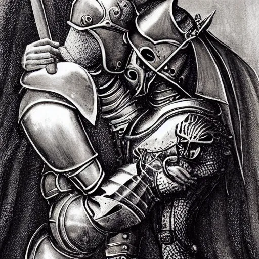 Prompt: a masculine male knight kissing a dragon.