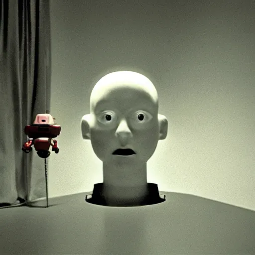 Image similar to movie scene of a man with a small robot head, movie still, acting, cinematic composition, cinematic lighting, Movie by David Lynch and Andrzej Żuławski