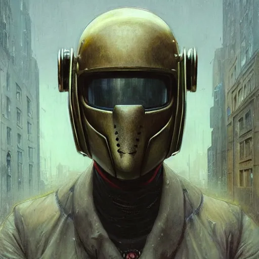 Image similar to dreary realism portrait of masked cyber punk helmet on the art deco streets of the big city, artstation, award - winning realistic sci - fi concept art by jim burns and greg rutkowski, beksinski, a realism masterpiece, muted color palette, james gilleard, bruegel, alphonse mucha, and yoshitaka amano